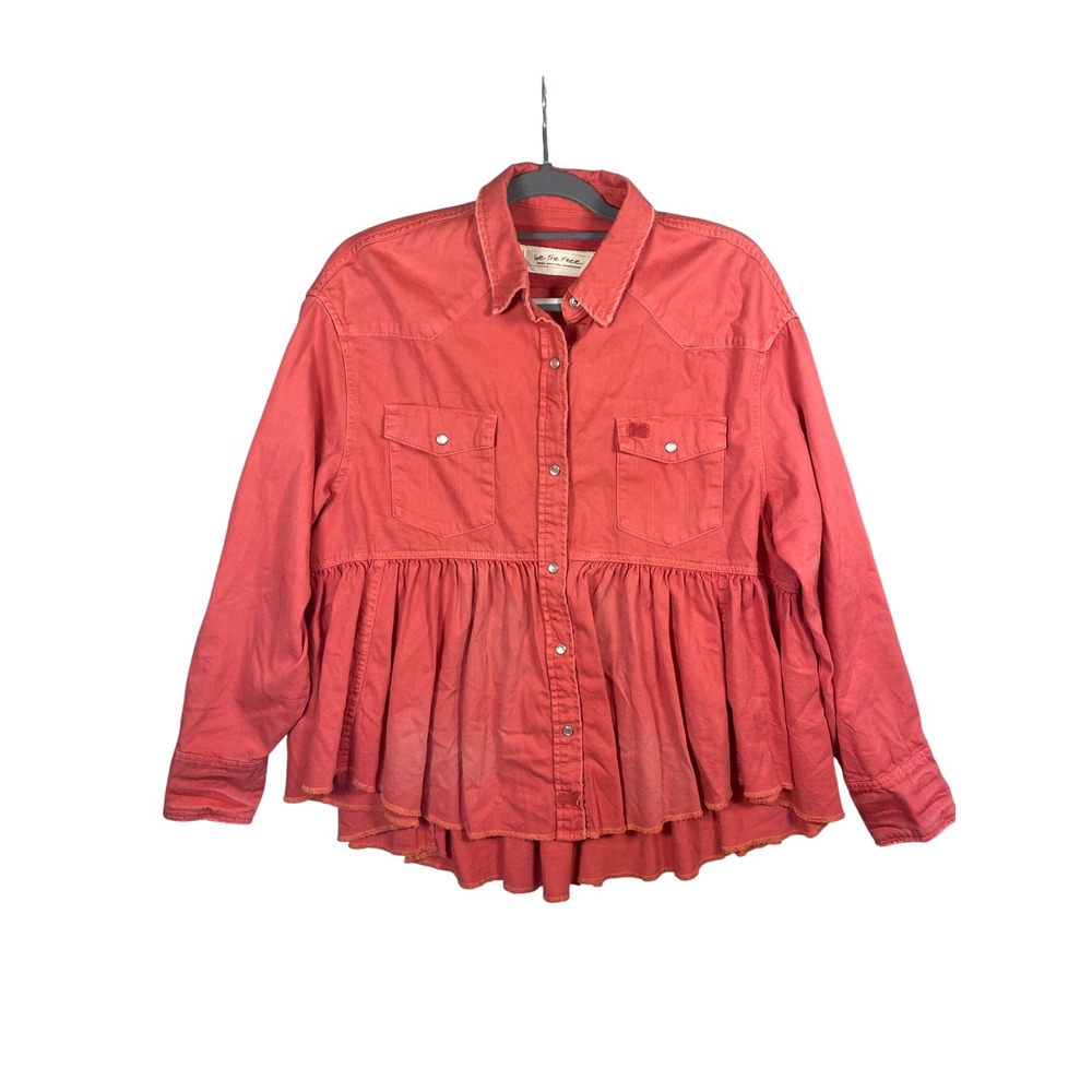 We The Free People Distressed Pink Western Peplum Snap Front Cotton Shacket SM